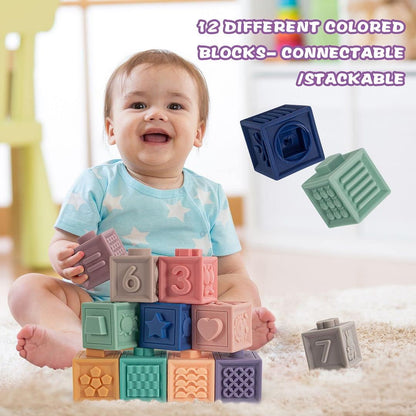 SpringFlower 3 in 1 Montessori Toys for Babies 0-3-6-12 Months, Soft Baby Teething, Stacking Building Blocks for Infants, Sensory Developmental Education Toys for Toddler Baby 12-18 Months,22 PCS