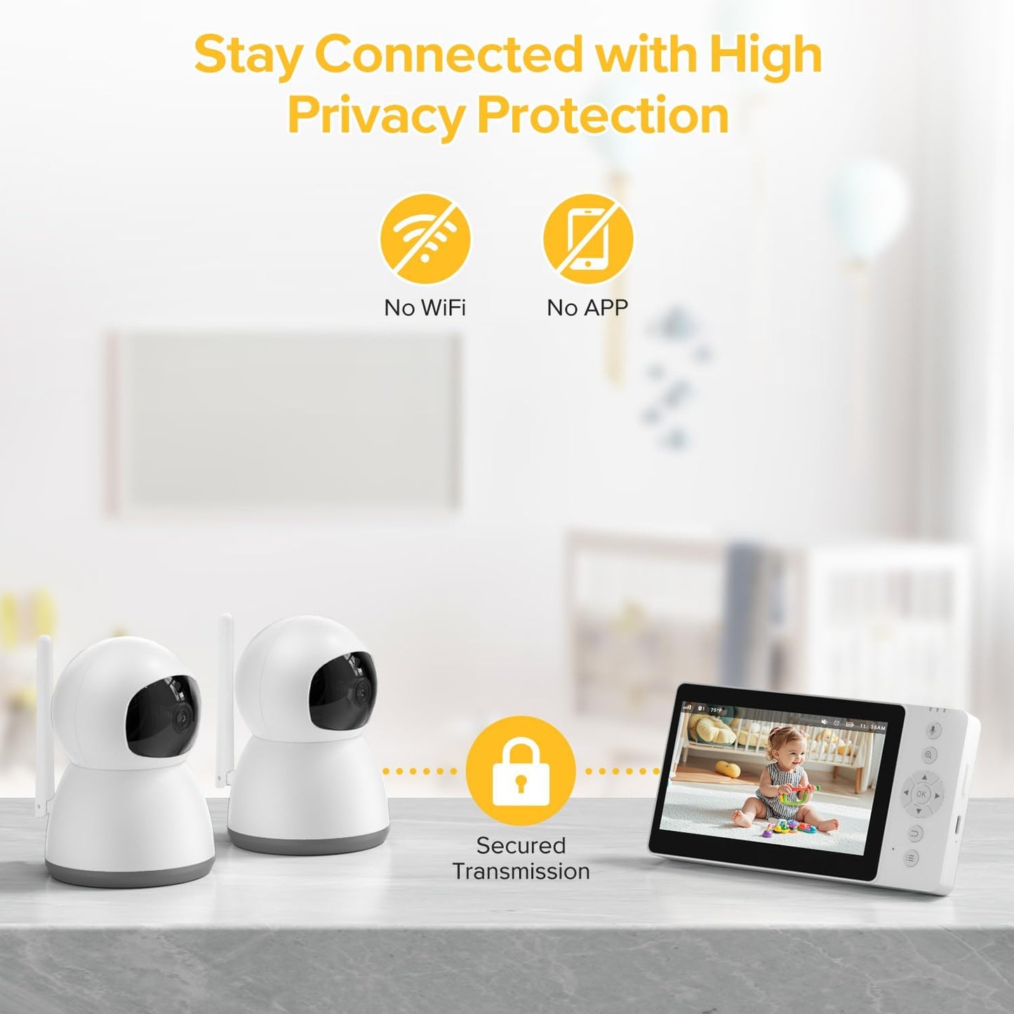 Baby Monitor, Baby Monitor with Camera and Audio, Secure No WiFi, Pan Tilt Video Camera with Night Vision, VOX, 2-Way Talk, 1300ft, Portable Video Audio Monitor Ideal for Baby/Elderly/Pet