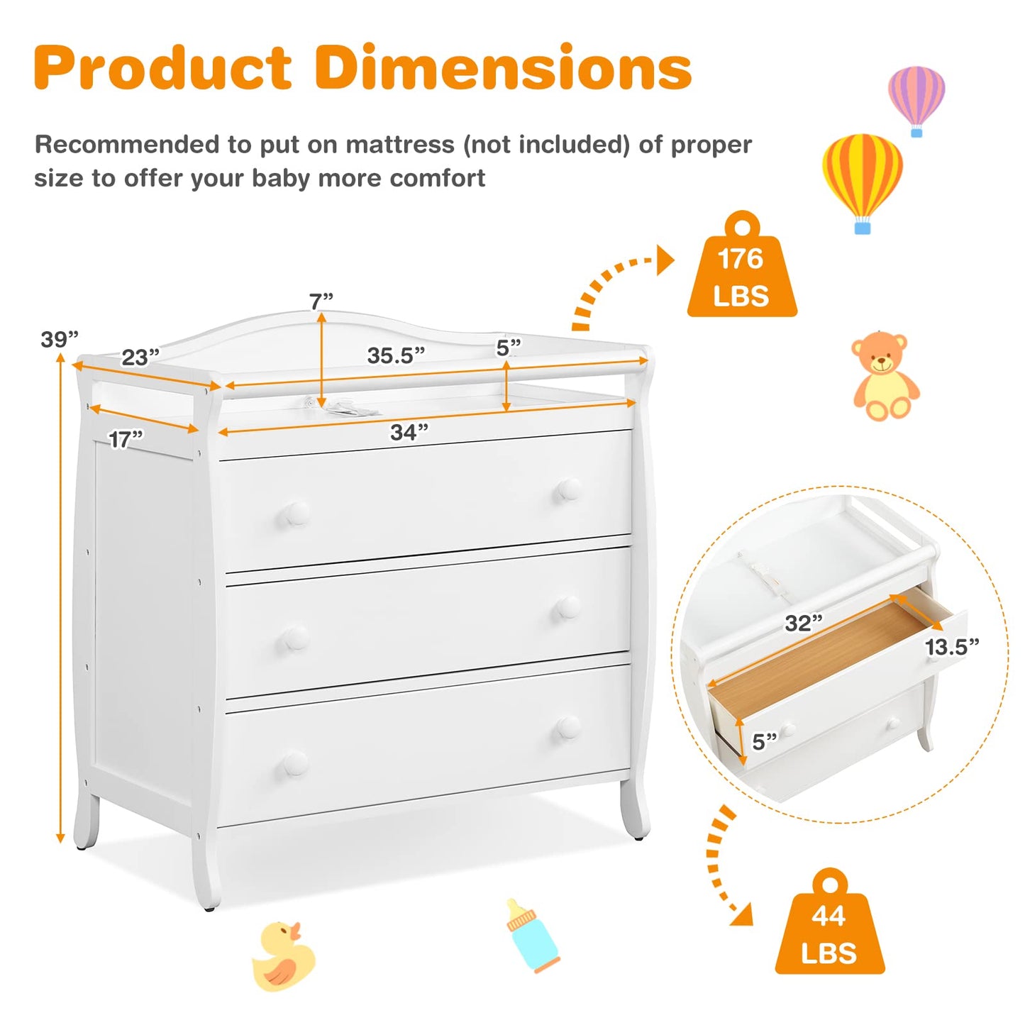 Costzon 3-Drawer Changing Table, Infant Diaper Changing Station with Drawers, Safety Rails & Strap, Baby Changing Table Dresser for Nursery, Easy Assembly (Brown)