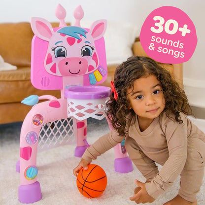 Move2Play, Dinosaur Basketball Hoop & Soccer Goal Activity Center | 30+ Sounds & Songs + 5 Lights | 1 2 3 Year Old for Boys and Girls | Toy & Gift for Baby & Toddlers