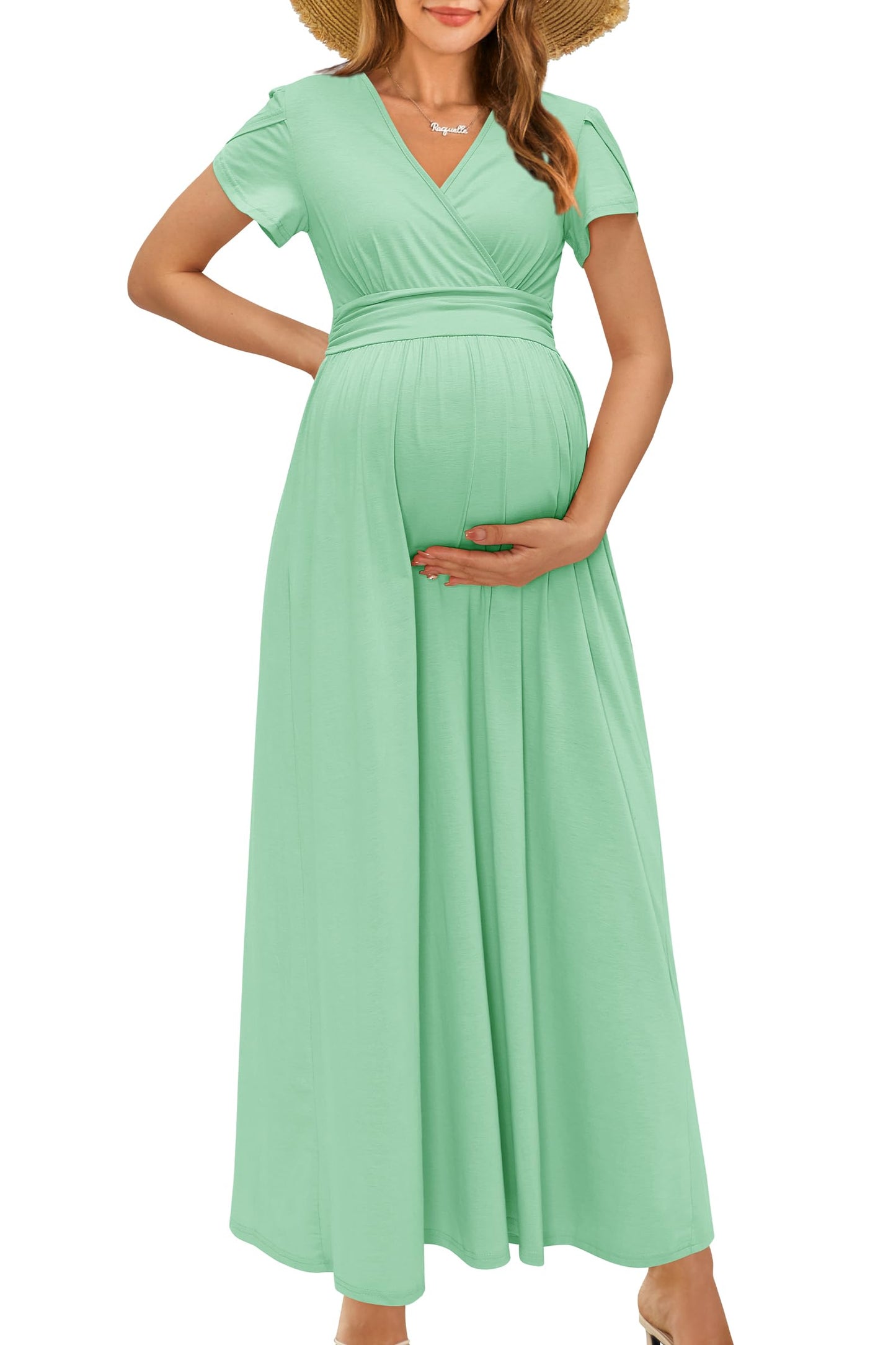 OUGES Maternity Maxi Dress Wrap Baby Shower Pregnancy Dresses for Photoshoot Maternity Outfits Summer Clothes 2026