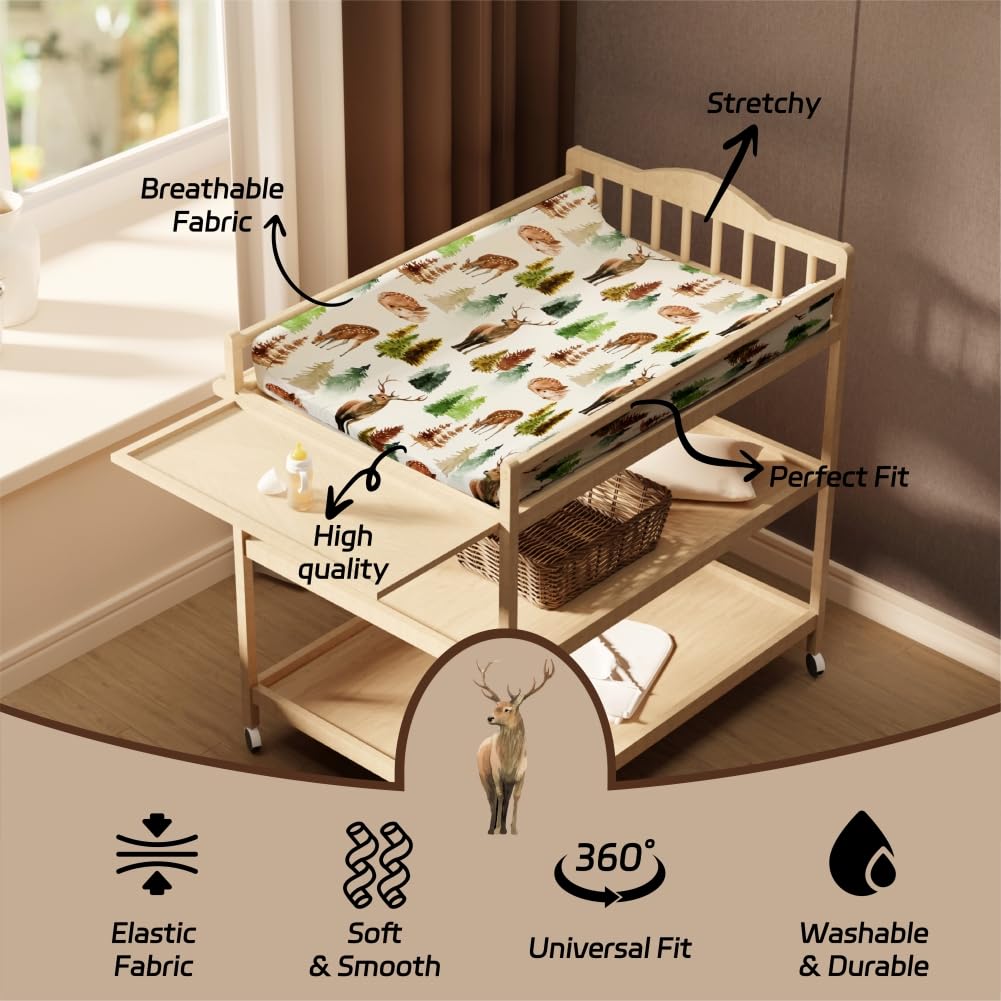 4 Pack Changing Pad Covers Woodland Forest Animals Wood Neutral Unisex Fitted Baby Changing Pad Cover Set for Baby Boys or Girls