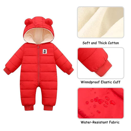 BYFRI Baby Boys Girls Snowsuit Newborn Cozy Winter Coat Infant Bear Hooded Jumpsuit Toddler Snow Outfit for 0-24 Months