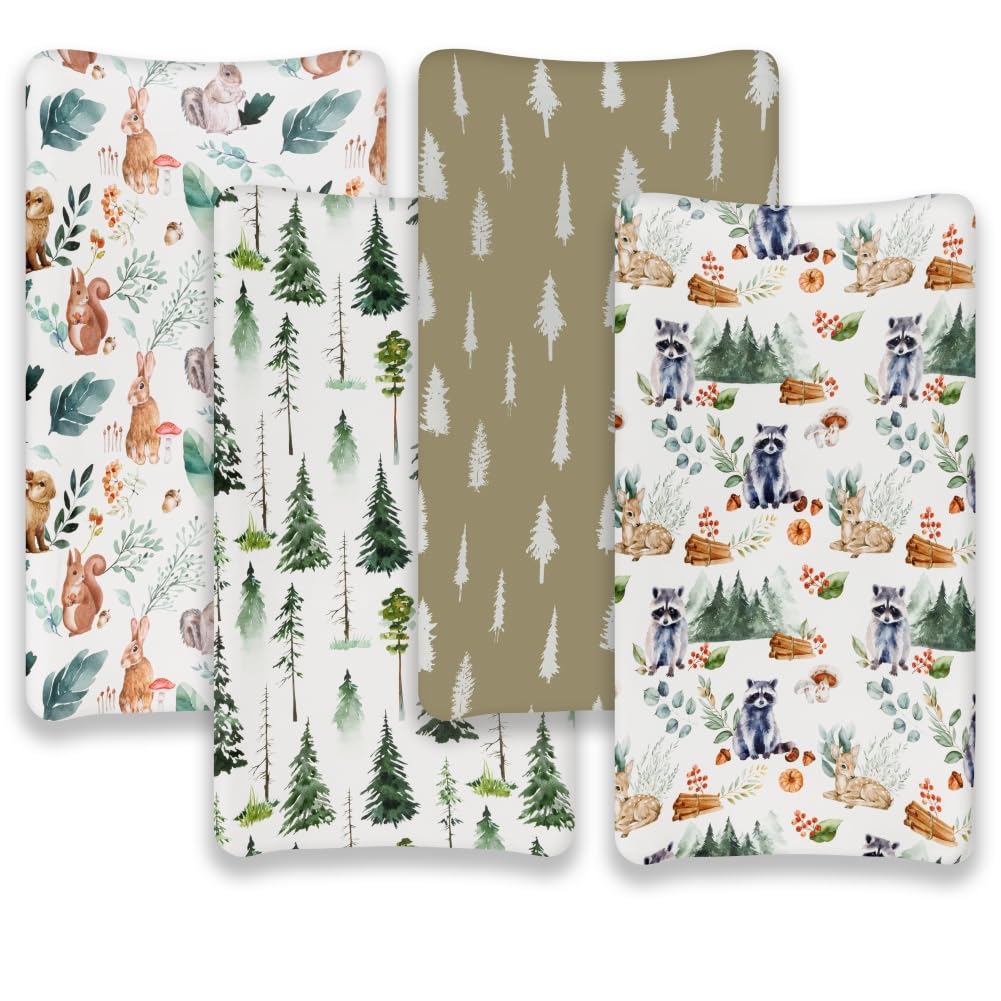 4 Pack Changing Pad Covers Woodland Forest Animals Wood Neutral Unisex Fitted Baby Changing Pad Cover Set for Baby Boys or Girls