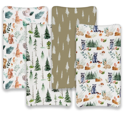 4 Pack Changing Pad Covers Woodland Forest Animals Wood Neutral Unisex Fitted Baby Changing Pad Cover Set for Baby Boys or Girls