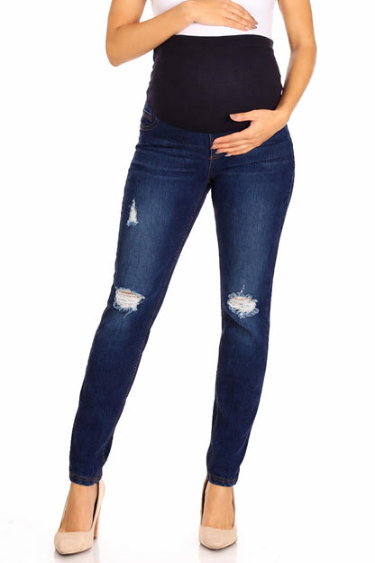 Women's Maternity Jeans Jeggings Full-Panel Pull-On Ripped Distressed Stretchy Skinny Denim Pant