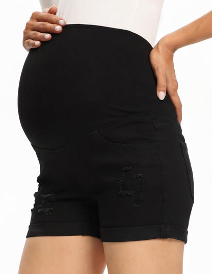 V VOCNI Maternity Denim Shorts Women's Summer High Waist Distressed Cuffed Hem Casual Denim Jean Shorts