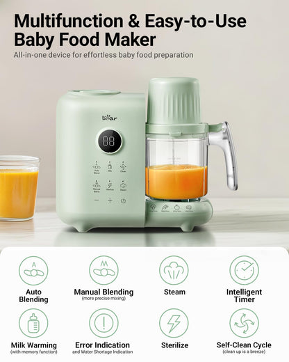 Bear Baby Food Maker with 18.5oz Dual-Layer Steam Baskets, OneStep Baby Food Processor Steamer Puree Blender Grinder Mills, Auto Cooking Grinding&Sterili-zing for Healthy Homemade Baby Food, BPA-Free