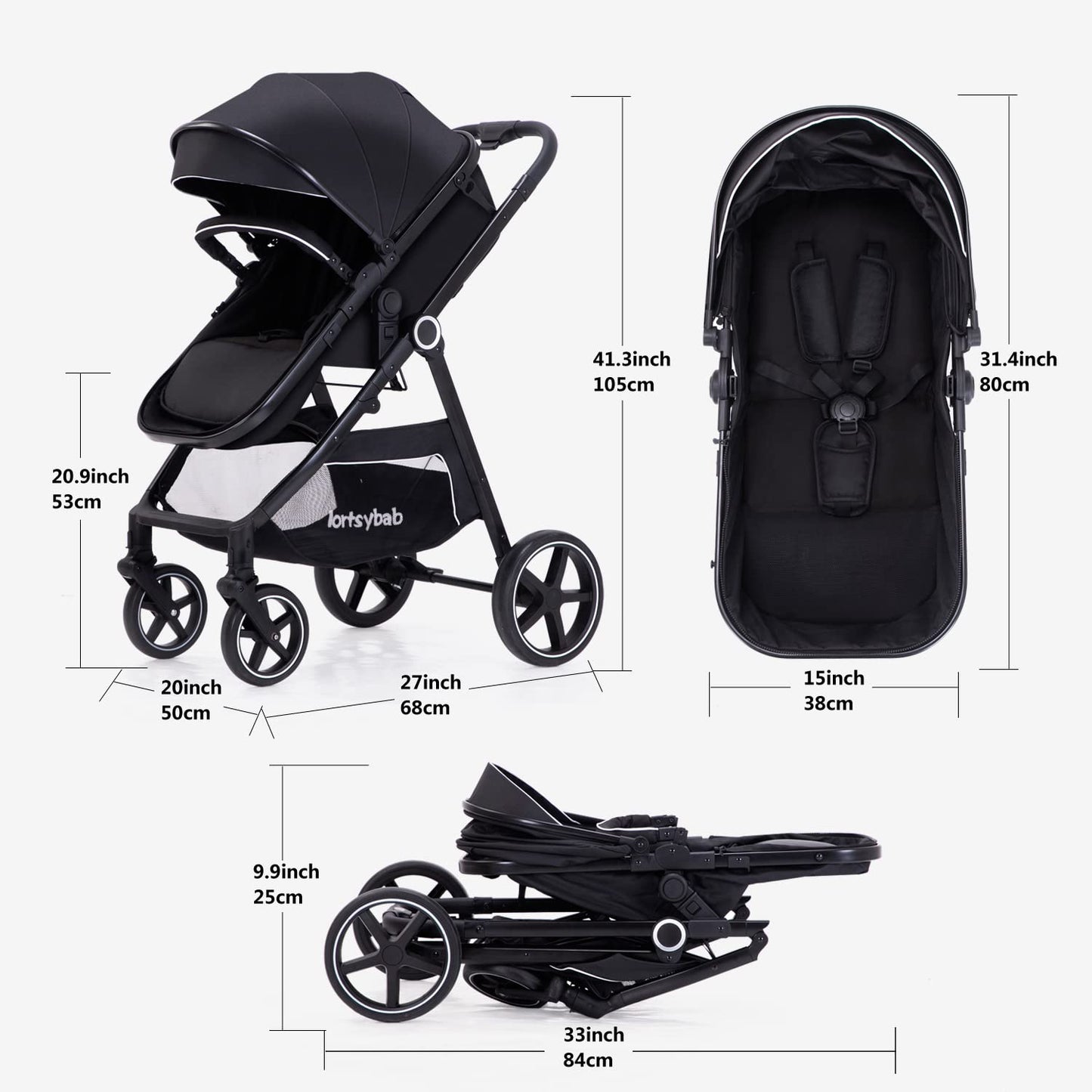 Lortsybab 2-in-1 Baby Stroller - Folding Infant Newborn Pram Stroller with Reversible Seat - Toddler Strollers for 0-36 Months Old Babies (Beige)