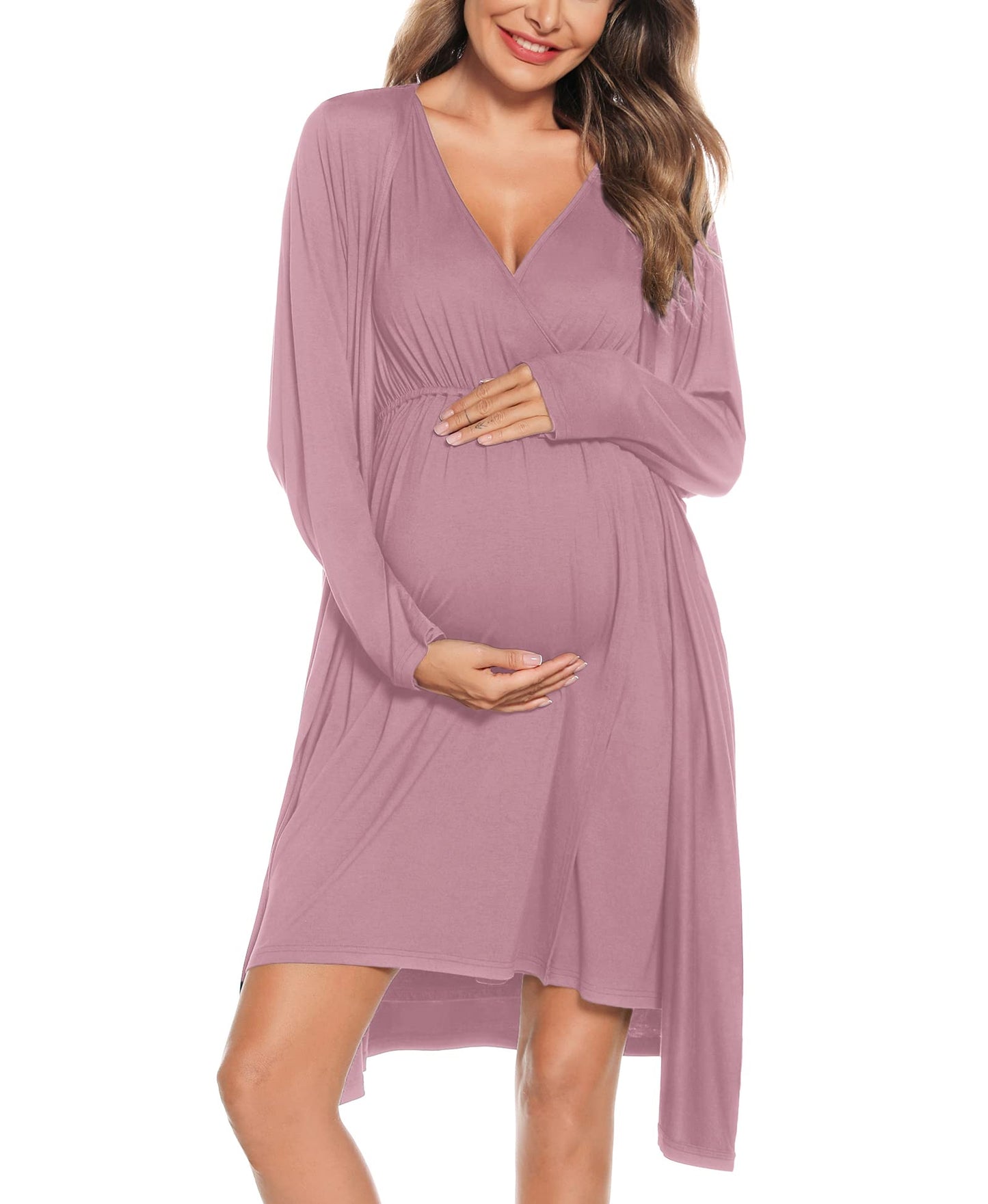 SWOMOG Women Maternity Nursing Gown and Robe Set 3 in 1 Labor Delivery Nursing Nightgown for Breastfeeding Hospital Bathrobe