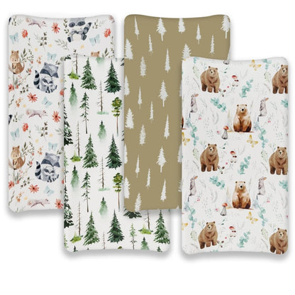 4 Pack Changing Pad Covers Woodland Forest Animals Wood Neutral Unisex Fitted Baby Changing Pad Cover Set for Baby Boys or Girls