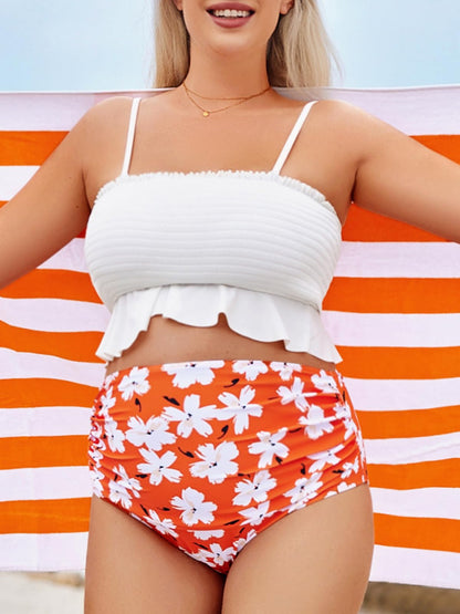 Summer Mae Maternity High Waist Swimsuit Ruffle Hem Bikini Bathing Suit Shirred Bandeau Two Piece Pregnancy Swimwear