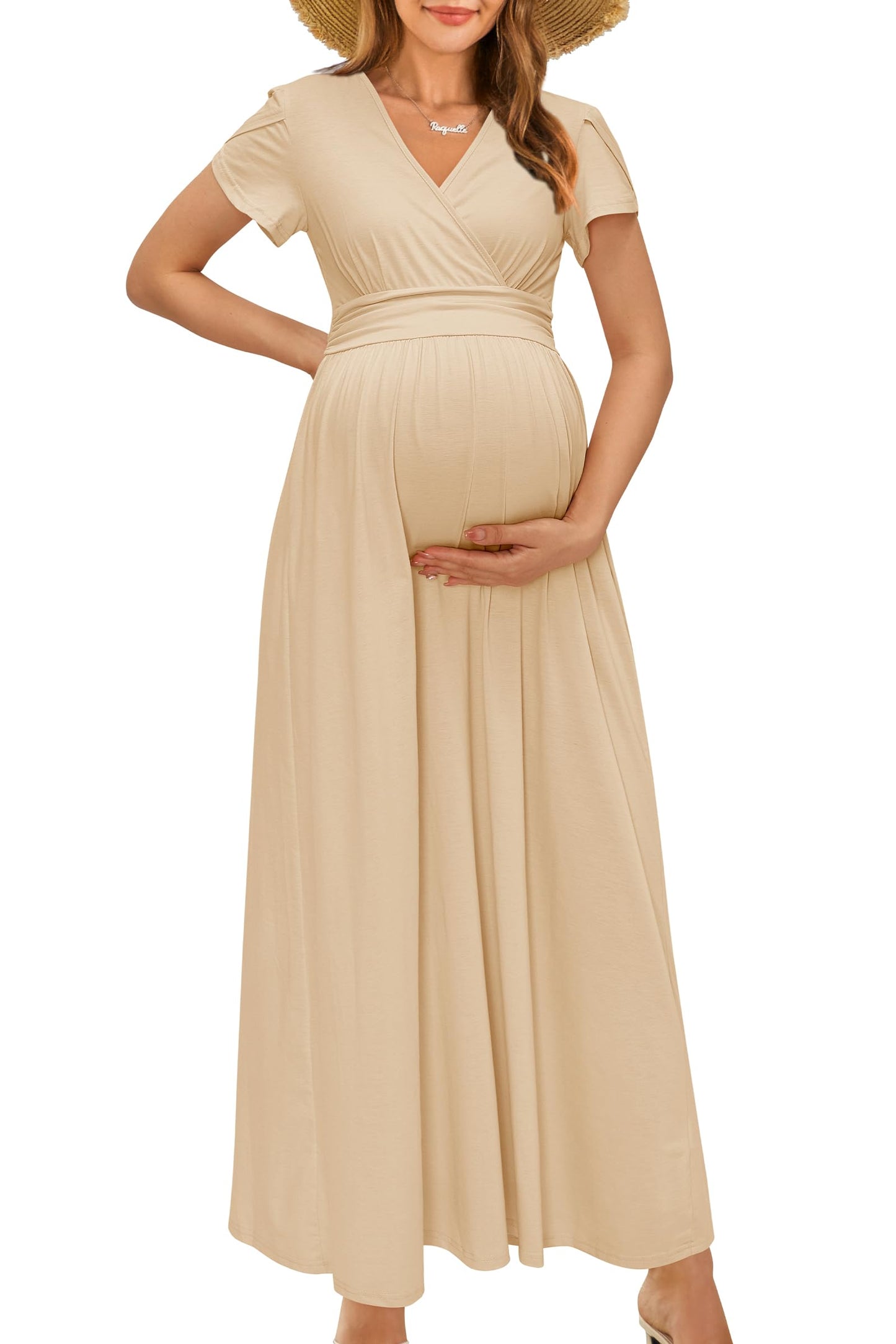 OUGES Maternity Maxi Dress Wrap Baby Shower Pregnancy Dresses for Photoshoot Maternity Outfits Summer Clothes 2026