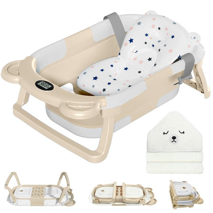 MoreFeel Collapsible Baby Bathtub for Newborn with Thermometer & 1 Hooded Towel & 1 Soft Floating Cushion,Portable Travel Bathtub with Drain Hole, Durable Foldable Baby Tubs for Infants to Toddler