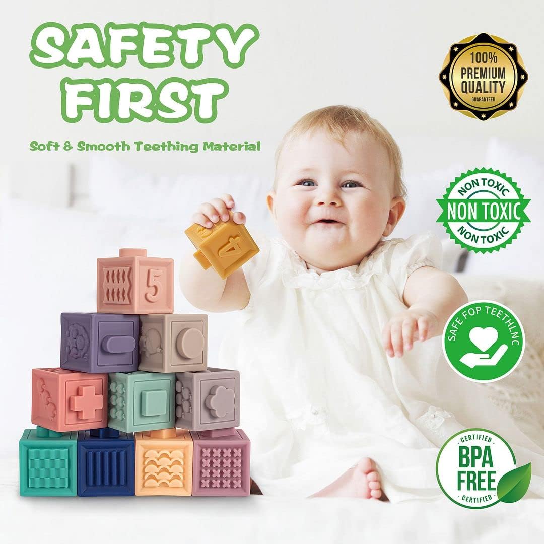 SpringFlower 3 in 1 Montessori Toys for Babies 0-3-6-12 Months, Soft Baby Teething, Stacking Building Blocks for Infants, Sensory Developmental Education Toys for Toddler Baby 12-18 Months,22 PCS