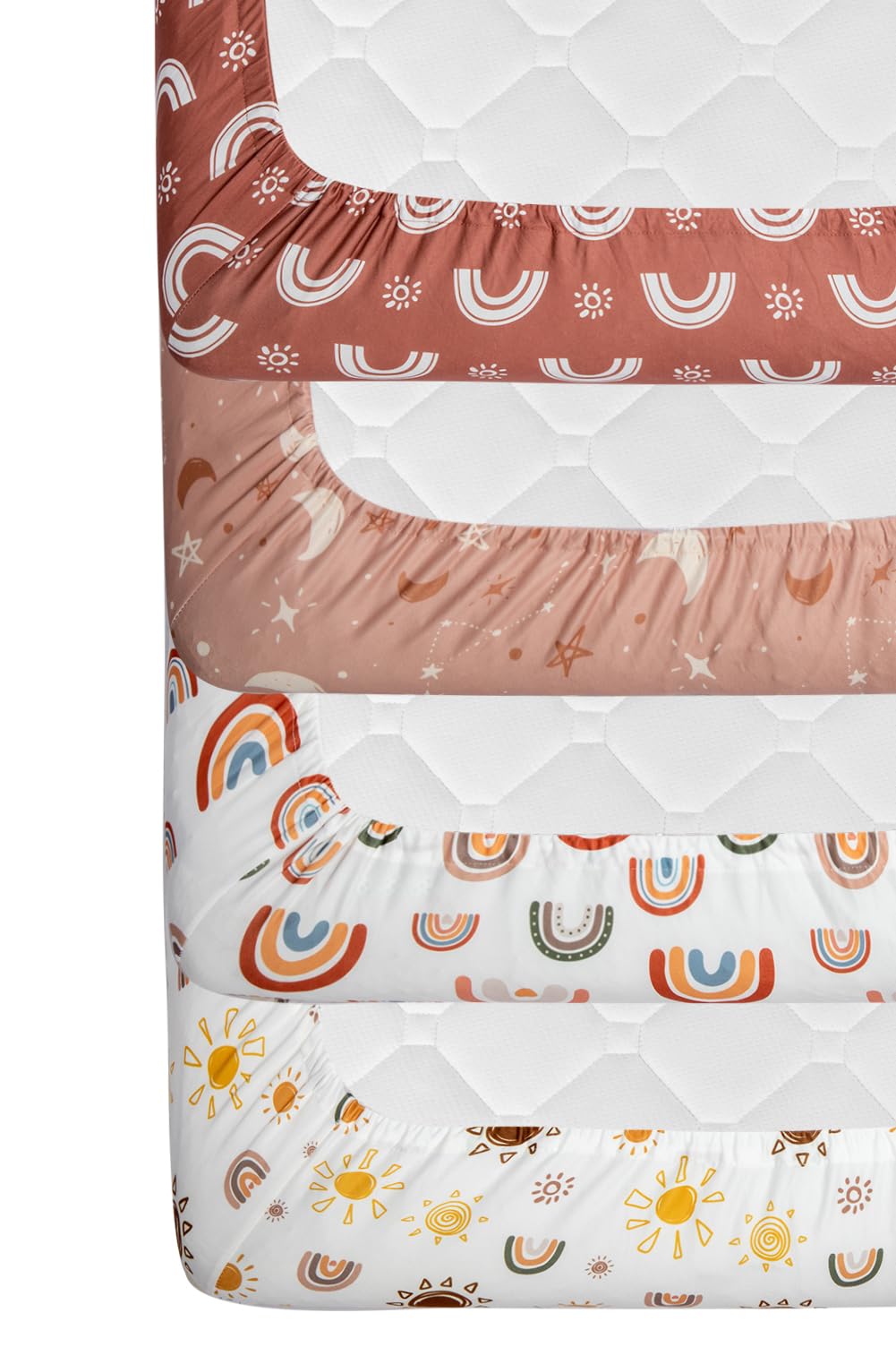 4 Pack Crib Sheets Boho Nursery Sheets Sunshine and Rainbow Desdign Neutral Unisex Fitted Baby Standard Crib Sheets for Baby Boys or Girls (Crib Sheets)