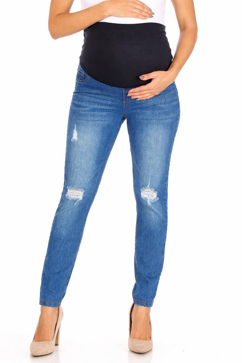 Women's Maternity Jeans Jeggings Full-Panel Pull-On Ripped Distressed Stretchy Skinny Denim Pant