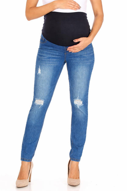 Women's Maternity Jeans Jeggings Full-Panel Pull-On Ripped Distressed Stretchy Skinny Denim Pant