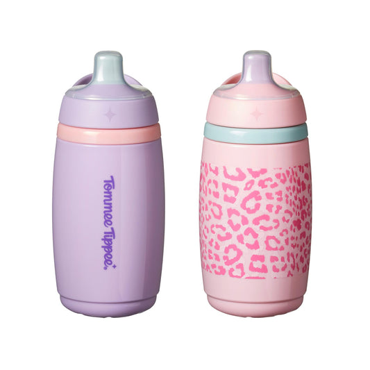 Tommee Tippee Insulated 9oz Sporty Spout Toddler Water Bottle, No Spill, Sippy Cups for Toddlers 1-3, Two-Piece Valve Helps Stop Spills, Light Blue & Orange, BPA Free, Pack of 2