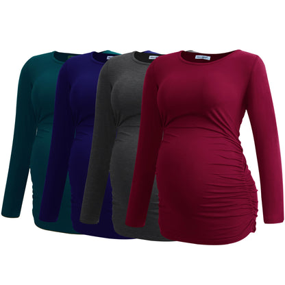 Smallshow Women's 4 Pack Maternity Shirts Long Sleeve Ruched Pregnancy Clothes Tops