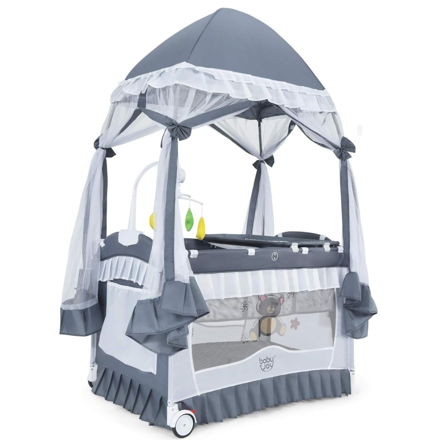 BABY JOY 4 in 1 Pack and Play with Canopy, Portable Baby Playard with Bassinet, Double-Layer Baby Crib, Wheels & Brake, Foldable Baby Girl Pink Princess Bassinet from Newborn to Toddler