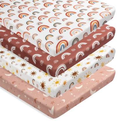 4 Pack Crib Sheets Boho Nursery Sheets Sunshine and Rainbow Desdign Neutral Unisex Fitted Baby Standard Crib Sheets for Baby Boys or Girls (Crib Sheets)