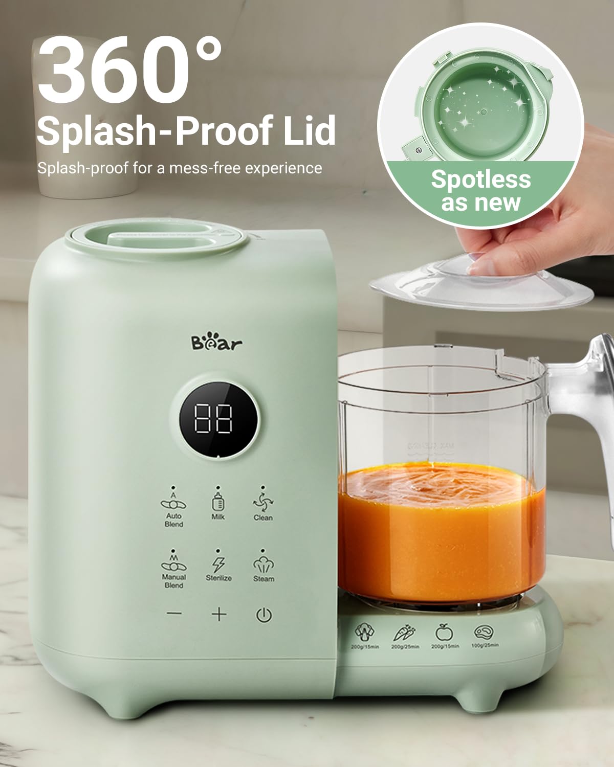 Bear Baby Food Maker with 18.5oz Dual-Layer Steam Baskets, OneStep Baby Food Processor Steamer Puree Blender Grinder Mills, Auto Cooking Grinding&Sterili-zing for Healthy Homemade Baby Food, BPA-Free