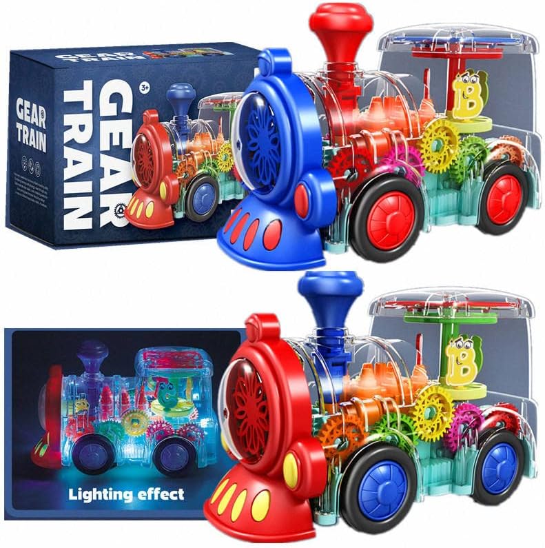 Transparent Sensory Train Toy -Interactive Light up Toys for Kids- Musical Train Toys with LED Light for Toddlers- Colorful Moving Gears- Tummy Time Crawling Baby Toy