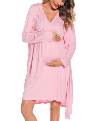 SWOMOG Women Maternity Nursing Gown and Robe Set 3 in 1 Labor Delivery Nursing Nightgown for Breastfeeding Hospital Bathrobe