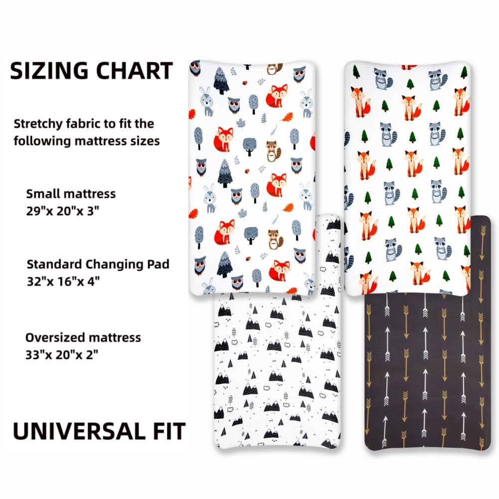 4 Pack Changing Pad Covers Woodland Forest Animals Wood Neutral Unisex Fitted Baby Changing Pad Cover Set for Baby Boys or Girls