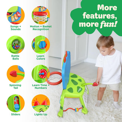 Move2Play, Dinosaur Basketball Hoop & Soccer Goal Activity Center | 30+ Sounds & Songs + 5 Lights | 1 2 3 Year Old for Boys and Girls | Toy & Gift for Baby & Toddlers