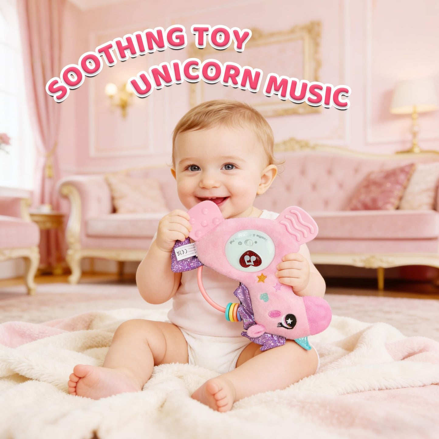Baby Musical Activity Soft Toys with Sound & Light, Sensory Toys for Infant Developmental with Teether, Rattle and Textures, Soft Plush Toy for Newborn Gift 6 to 12 Months (Pink Unicorn)