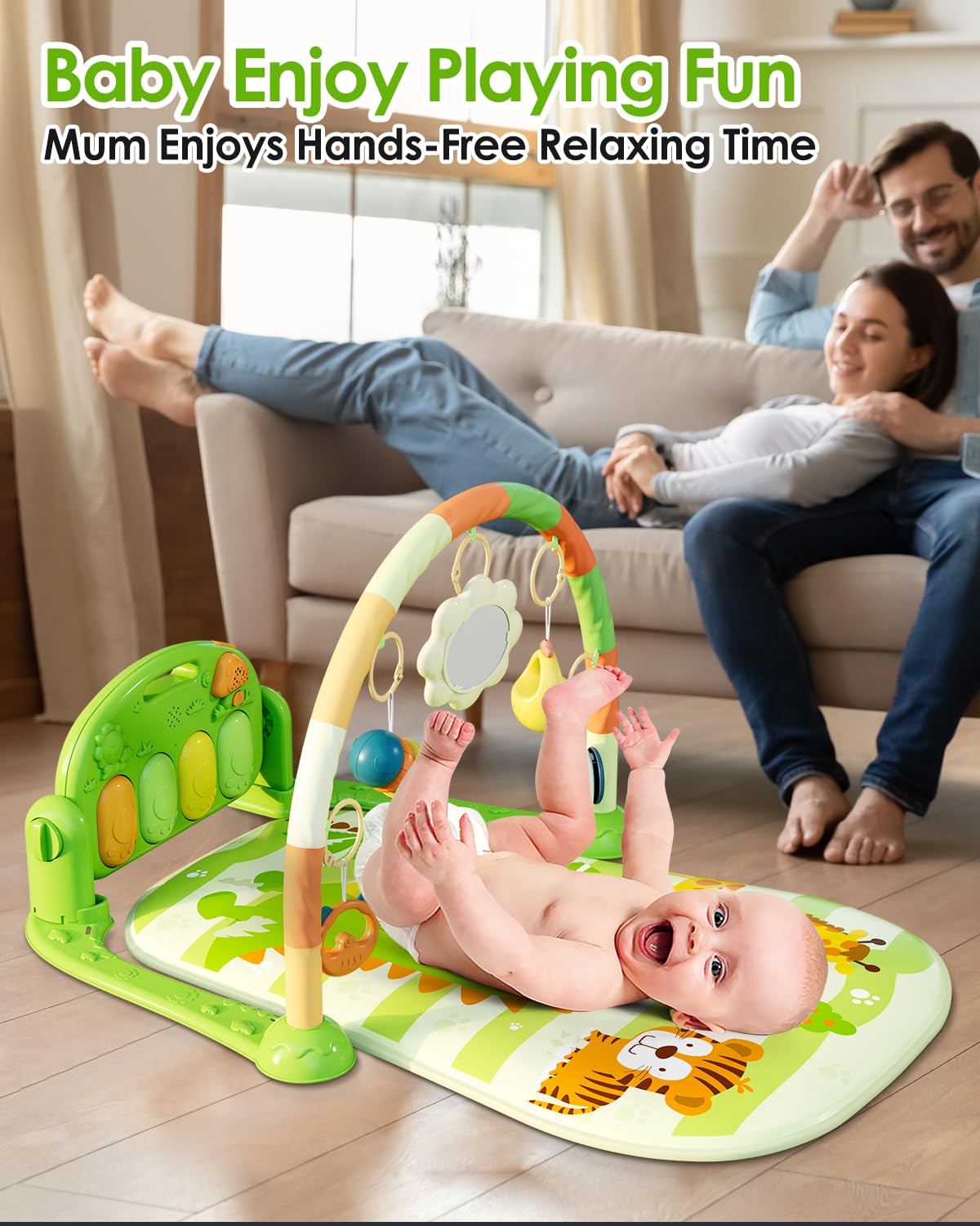 dearlomum Baby Play Mat Gym, Funny Play Piano Tummy Time Activity Mat with 5 Infant Sensory Toys, Music and Lights, Boy & Girl Gifts for Newborns 0 to 3 6 9 12 Months (Pink)