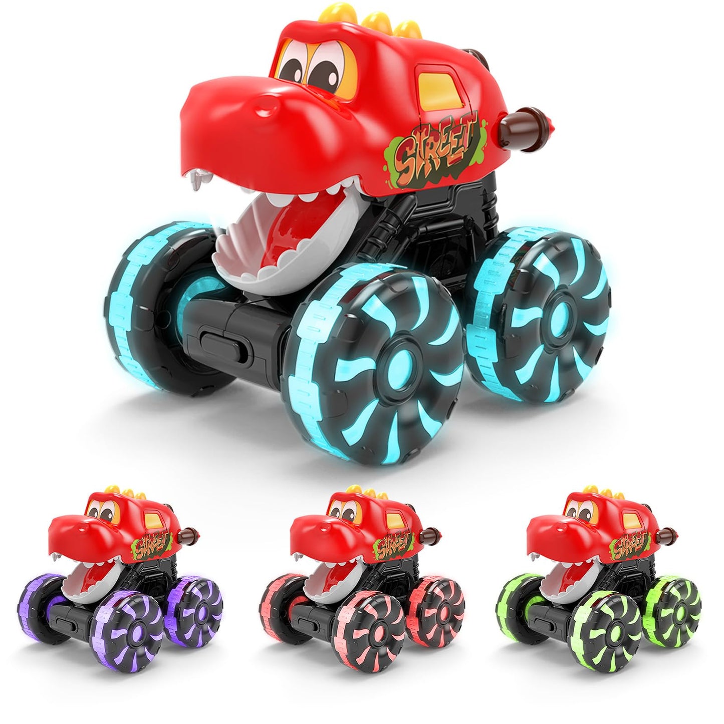Intoypad 3 Pack Dinosaur Car Toys for Kids Toddlers, Light up Wheels Monster Truck Toys for Boys 2 3 4 5 6 7 8 Years Old Christmas Birthady Gifts Press & Go Dino Trucks Toy for Toddler Boy Baby