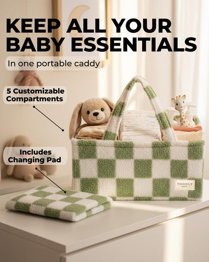 Baby Diaper Caddy Organizer with Portable Changing Mat - Teddy Fleece Diaper Organizer for Changing Table - Basket for Changing Essentials - Baby Essentials Organizer with Removable Dividers