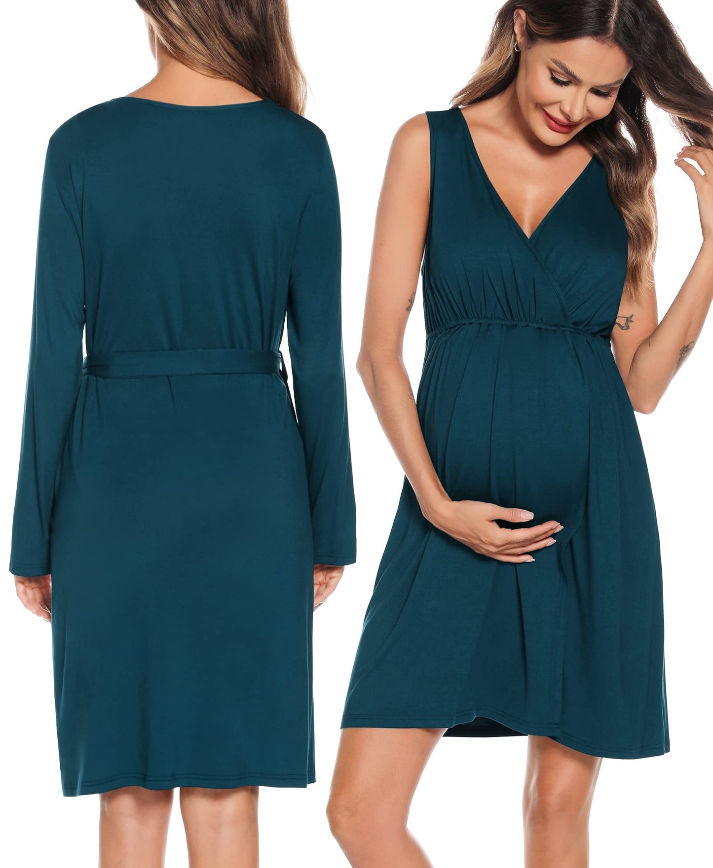 SWOMOG Women Maternity Nursing Gown and Robe Set 3 in 1 Labor Delivery Nursing Nightgown for Breastfeeding Hospital Bathrobe