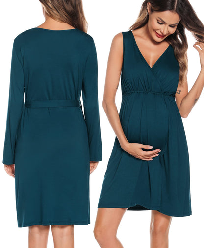 SWOMOG Women Maternity Nursing Gown and Robe Set 3 in 1 Labor Delivery Nursing Nightgown for Breastfeeding Hospital Bathrobe