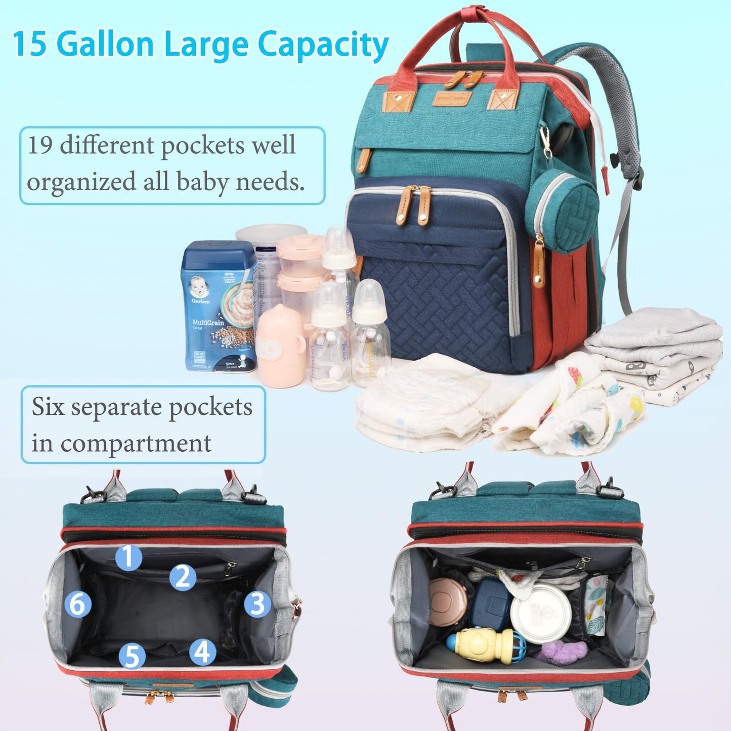 Jeryswet Baby Diaper Bags with Changing Station, Waterproof Large Capacity Diaper Bag Backpack for Moms Dads with USB Charging Port and Stroller Straps, Baby Shower Gifts, Grey
