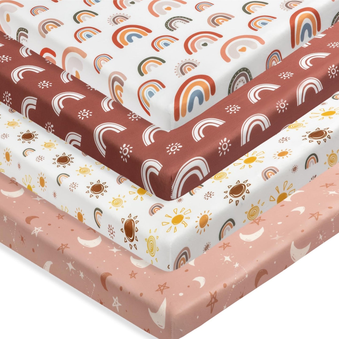 4 Pack Crib Sheets Boho Nursery Sheets Sunshine and Rainbow Desdign Neutral Unisex Fitted Baby Standard Crib Sheets for Baby Boys or Girls (Crib Sheets)