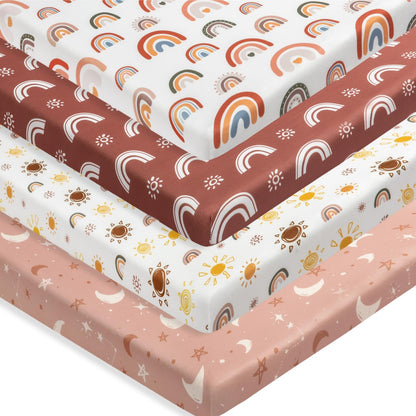 4 Pack Crib Sheets Boho Nursery Sheets Sunshine and Rainbow Desdign Neutral Unisex Fitted Baby Standard Crib Sheets for Baby Boys or Girls (Crib Sheets)