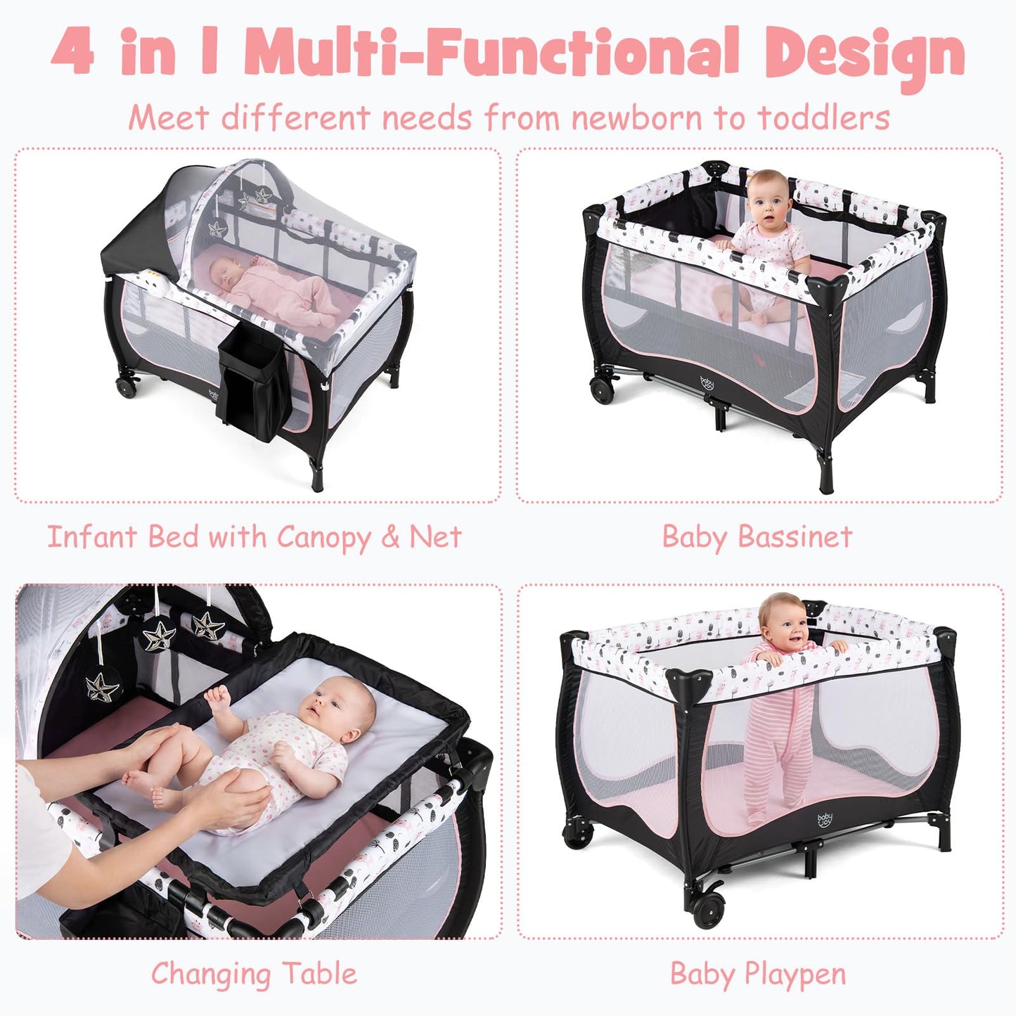 BABY JOY 4 in 1 Pack and Play with Canopy, Portable Baby Playard with Bassinet, Double-Layer Baby Crib, Wheels & Brake, Foldable Baby Girl Pink Princess Bassinet from Newborn to Toddler