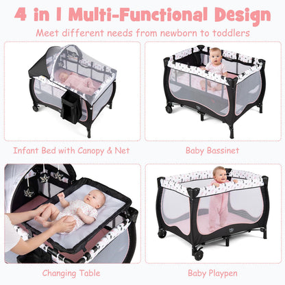 BABY JOY 4 in 1 Pack and Play with Canopy, Portable Baby Playard with Bassinet, Double-Layer Baby Crib, Wheels & Brake, Foldable Baby Girl Pink Princess Bassinet from Newborn to Toddler