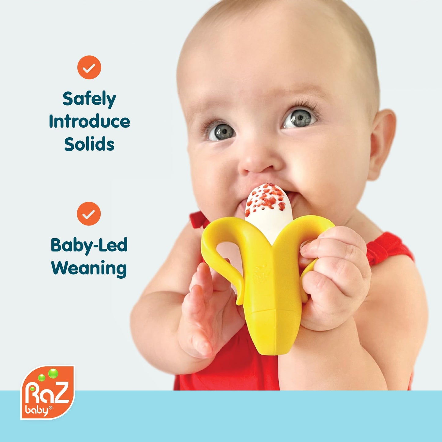 RaZbaby Baby Solids/Frozen Fruit Feeder Pacifier, Infant Teether Toy 6M+, BPA-Free, Safely Introduce Solids, Natural Teething Relief, Dishwasher Safe, Freezable – Blue & Orange 2-Pack