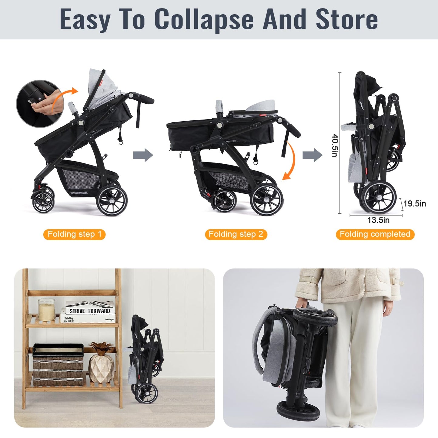 Hagaday Baby Stroller, 2-in-1 Reversible Toddler Seat with Bassinet Mode, Foldable Infant Stroller with Canopy, One Button Brake, Adjustable Handle, Newborn Pushchair(Blue)