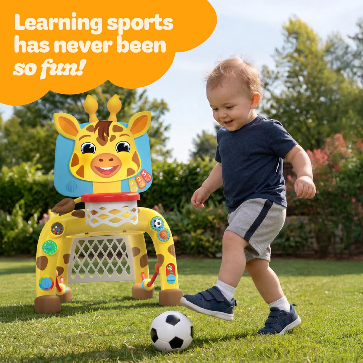 Move2Play, Dinosaur Basketball Hoop & Soccer Goal Activity Center | 30+ Sounds & Songs + 5 Lights | 1 2 3 Year Old for Boys and Girls | Toy & Gift for Baby & Toddlers