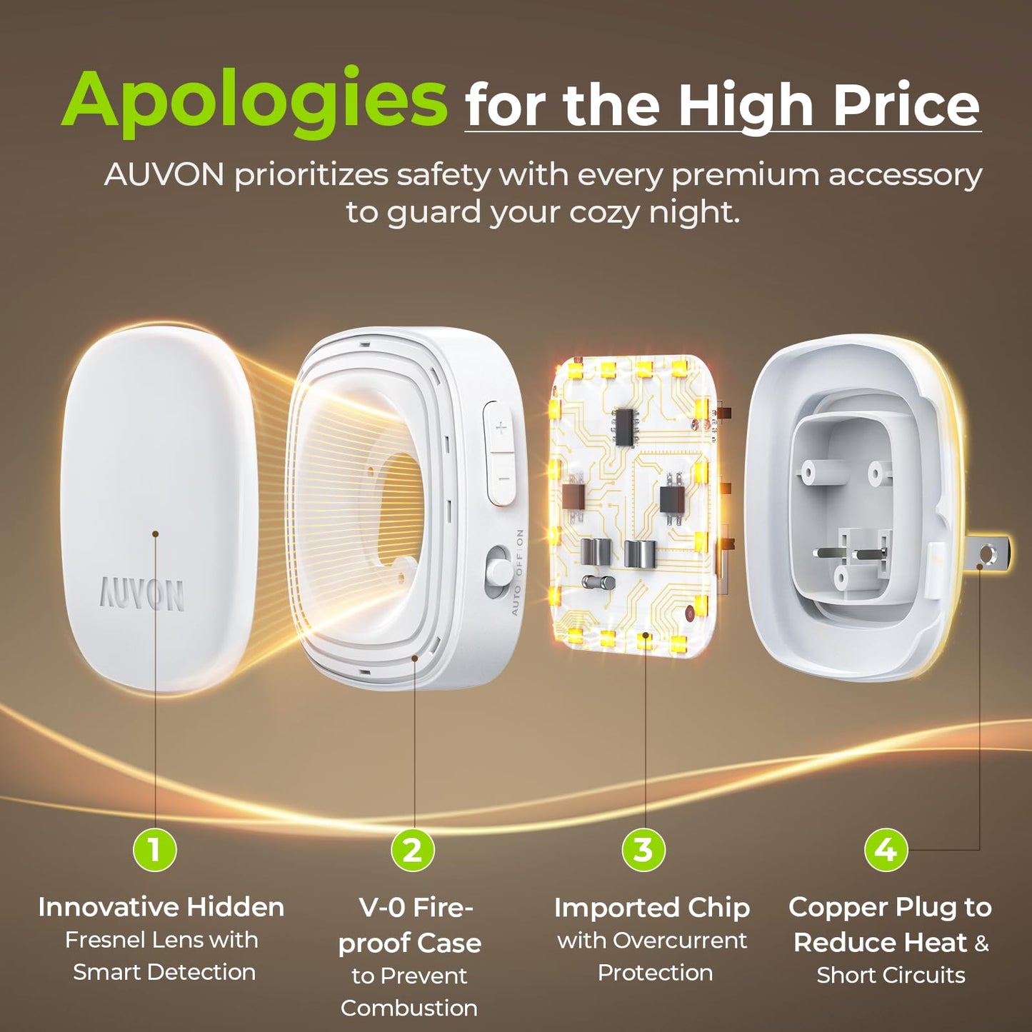 AUVON Plug-in LED Backlit Night Light with Motion Sensor & Dusk to Dawn Sensor, Dimmable Warm White Nightlight with 1-50 lm Adjustable Brightness for Bedroom, Bathroom, Stairs, Hallway (4 Pack)