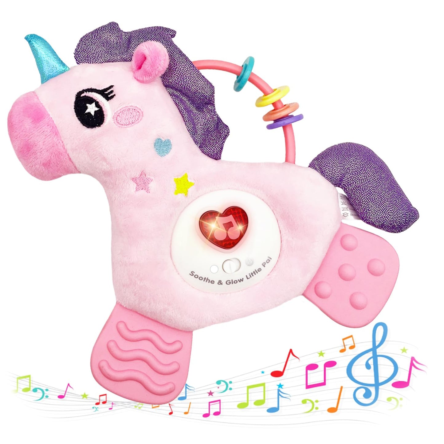 Baby Musical Activity Soft Toys with Sound & Light, Sensory Toys for Infant Developmental with Teether, Rattle and Textures, Soft Plush Toy for Newborn Gift 6 to 12 Months (Pink Unicorn)