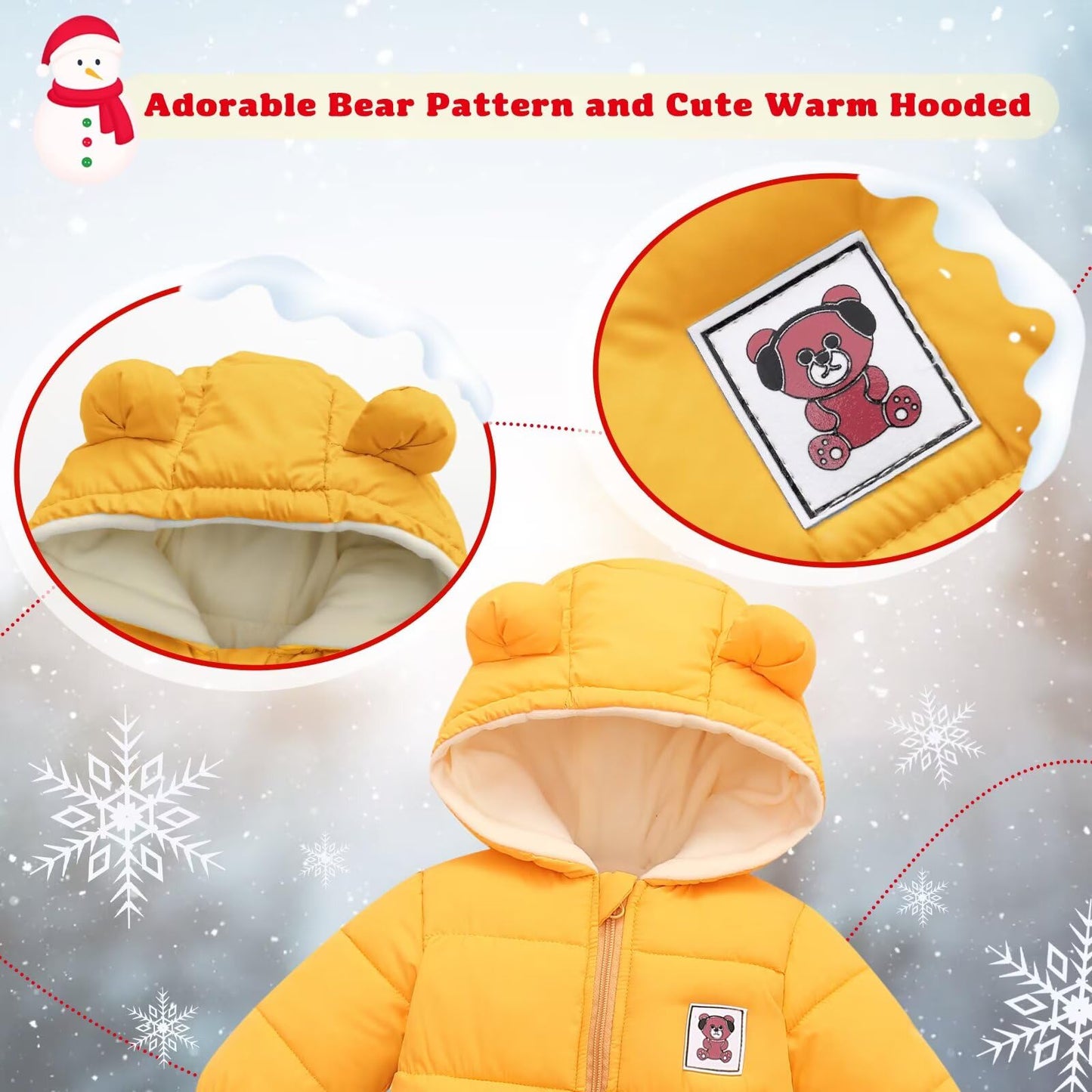 BYFRI Baby Boys Girls Snowsuit Newborn Cozy Winter Coat Infant Bear Hooded Jumpsuit Toddler Snow Outfit for 0-24 Months