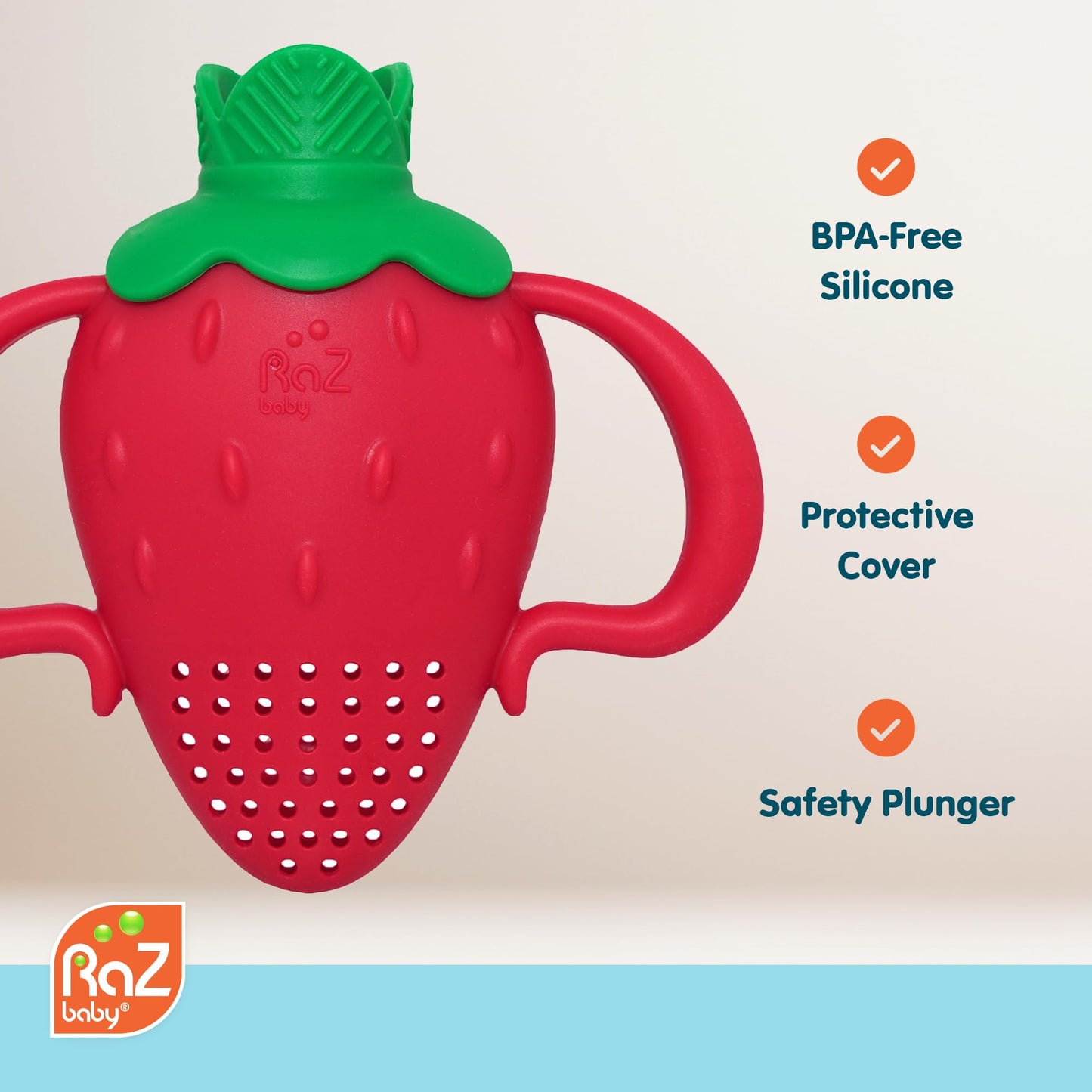 RaZbaby Baby Solids/Frozen Fruit Feeder Pacifier, Infant Teether Toy 6M+, BPA-Free, Safely Introduce Solids, Natural Teething Relief, Dishwasher Safe, Freezable – Blue & Orange 2-Pack