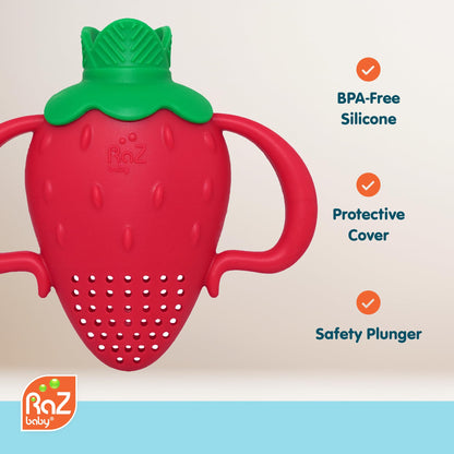 RaZbaby Baby Solids/Frozen Fruit Feeder Pacifier, Infant Teether Toy 6M+, BPA-Free, Safely Introduce Solids, Natural Teething Relief, Dishwasher Safe, Freezable – Blue & Orange 2-Pack